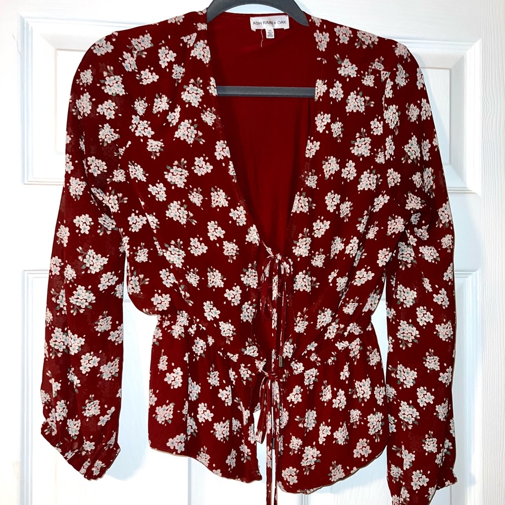 Burgundy Floral Tie-Front Blouse